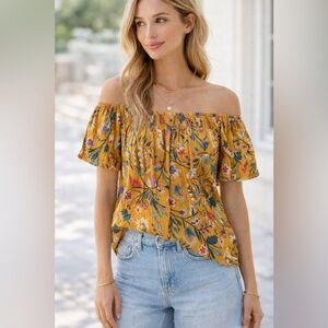 Ana & Joi Mustard Floral Off Shoulder Peasant Top Small Boho Puff Sleeve Cotton